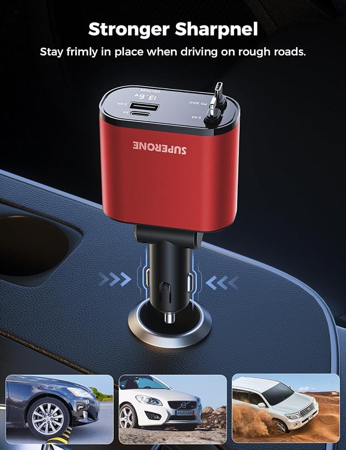 SUPERONE [Upgraded] Retractable Car Charger 4 in 1 Fast Car Phone Charger | USB C and Apple Multi Car Adapter with Cord 2.6ft, Compatible with iPhone 17 16 15/15 Pro Max/14/13/12/11, Galaxy, Pixel