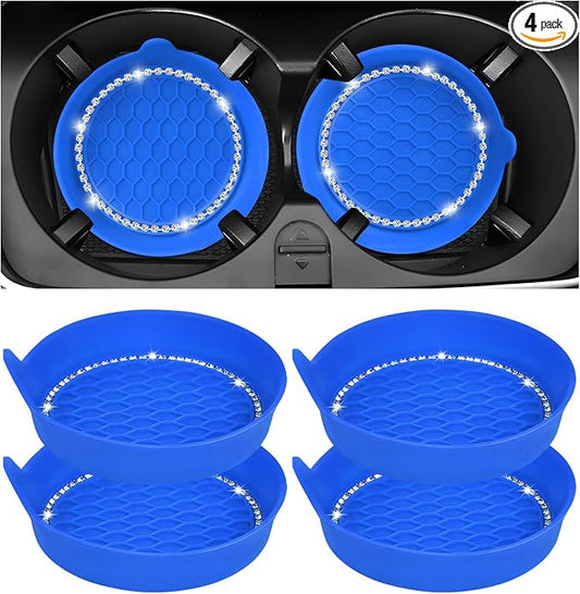 Sun Walker 4 PCS Bling Car Cup Holder Coaster, Non Slip Sparkly Rhinestone Cup Holder Pad Insert Coaster, Shockproof Silicone Shiny Embedded Drink Mat Interior Decor for Most Vehicles (Blue)