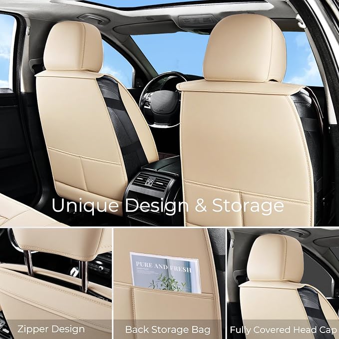 Huidasource Beige Seat Covers Full Set, Nappa Leather Seat Cover Hollow Design Airbag Pops, Front ＆ Back Seat, 5 Layers Seat Covers for Most Cars, Vans, Trucks, SUVs Universal Fit (Full Set/Beige)