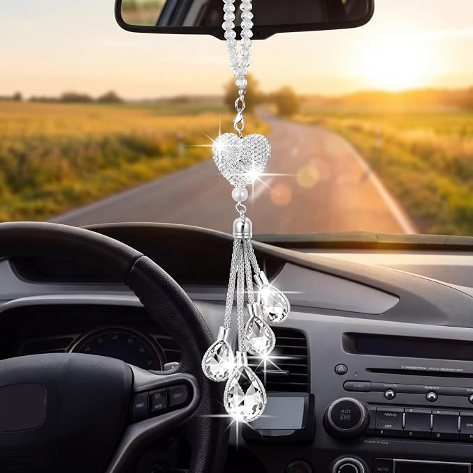 Frienda Bling Car Rear View Mirror Accessories for Women Gift Cute Heart Crystal Hanging Charm Diamond Decoration Lucky Interior Ornament Pendant(9.8 Inch,White)