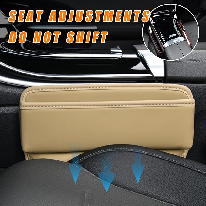 Ziciner Car Seat Gap Organizer, Premium Leather Auto Seat Storage Box, Vehicle Adjustable Front Seat Gap Filler, Car Seat Side Pocket Organizer for Phones, Glasses, Keys, Money, Cards (Beige)