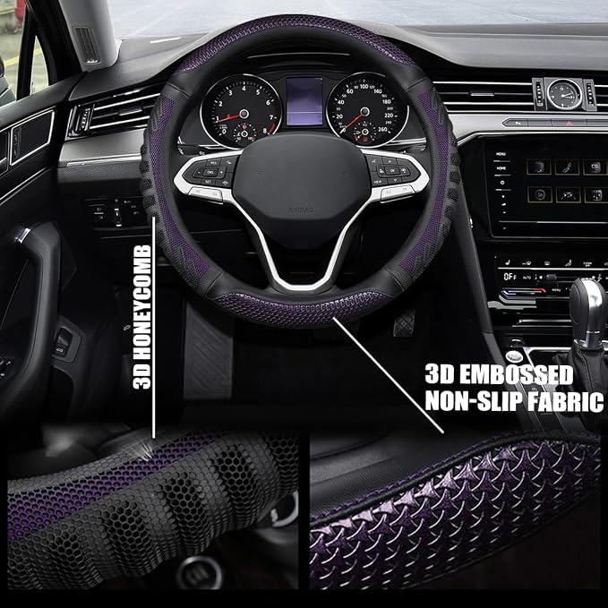 Osilly Car Steering Wheel Cover, Anti-Slip Leather Breathable Comfortable Automotive Steering Wheel Cover Protector Decoration for Men and Women, 15 Inch Universal for SUV, Truck, RV（Purple）