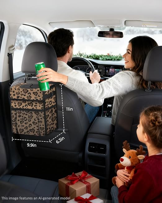 Corduroy Car Trash Can with Lid and Mesh Pockets - Leakproof Organizer,Multipurpose Waterproof Garbage Can/Trash Bin for Car(Leopard Print-3 Gallons)