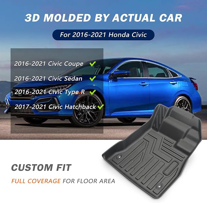 KUST Floor Mats for 2016-2021 Honda Civic Sedan/Type R/Coupe, 2017-2021 Civic Hatchback, All Weather Car Mats Front Rear 2 Rows Set for Civic Accessories TPE Rubber Raised Edge