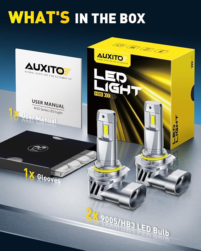 AUXITO 9005 HB3 Light Bulbs, 50000LM 6500K Cool White, Plug and Play CANbus Ready No Flicker, Pack of 2