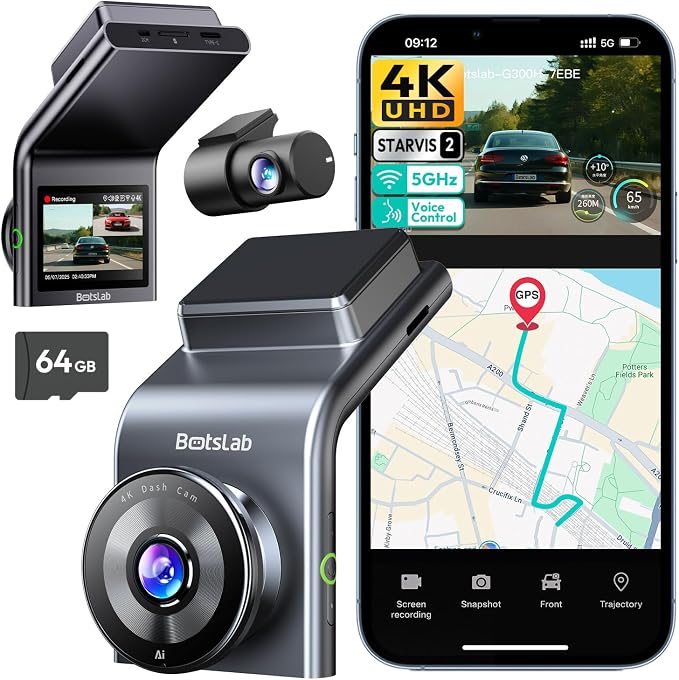BOTSLAB G300 Plus 4K Dual Dash Cam Front and Rear [2026 Upgraded], STARVIS 2 Sensor, 64GB Card Included, Voice Control, 5GHz WiFi Dashcam Front and Rear Camera, GPS,WDR Night Vision,24H Parking Mode
