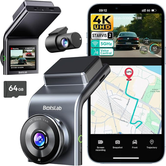 BOTSLAB G300 Plus 4K Dual Dash Cam Front and Rear [2026 Upgraded], STARVIS 2 Sensor, 64GB Card Included, Voice Control, 5GHz WiFi Dashcam Front and Rear Camera, GPS,WDR Night Vision,24H Parking Mode