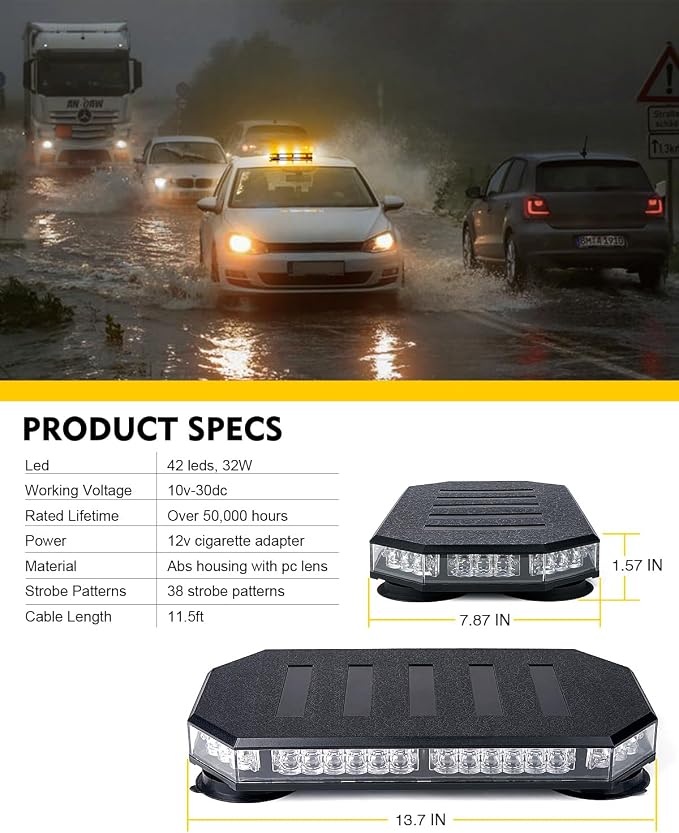 LUMENIX 42 LED Roof Top Strobe Beacon Light Bar Hazard Warning Emergency Flashing Plow Lights with Controller for Construction Vehicles Tow Trucks Postal Cars Snowplow Amber White (Patent Design)