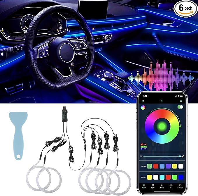 LivTee Smart LED Car Lights Interior with USB Port, LED Strip Fiber Optic Ambient Lighting Car, Wireless App Control, Sync to Music, Car Decorations Interior Accessories Gifts for Women Men, 6 in 1