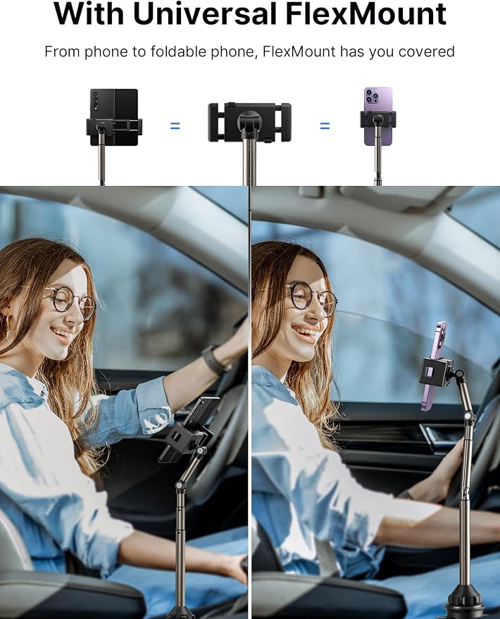JSAUX Car Cup Holder Phone Mount for Foldable Phones & Mini Tablets | Sturdy Metal Long Arm, Flexible Height and Angle, Adjustable Base, Secure Phone Grip, Fits 2.17-4.33 in Car Cup Holders