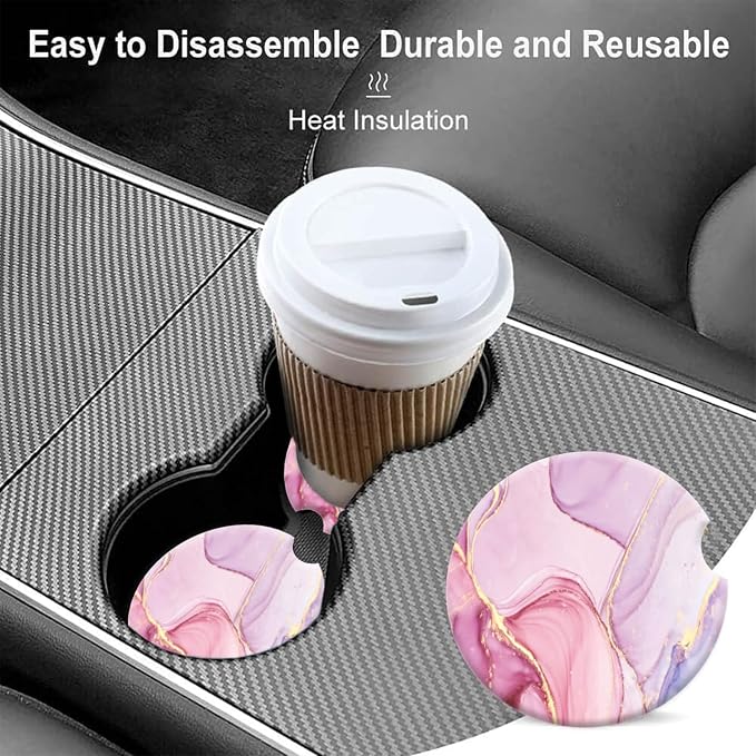 Cup Holder for Car,Pink Gold Liquid Marble Print Ceramic Coasters Non-Slip Cup Holder Insert with Fingertip Grip, Auto Interior Accessories for Women & Men,Pack of 2, 2.56In
