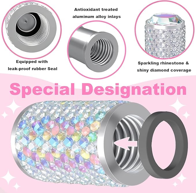 BFXM 4Pcs Car Tire Valve Stem Caps, Bling Tire Air Cap for Car, Car Accessories for Women Universal Stem Covers, Anodized Aluminum Tires Valve Cap with O Rubber Ring, Crystal Diamond