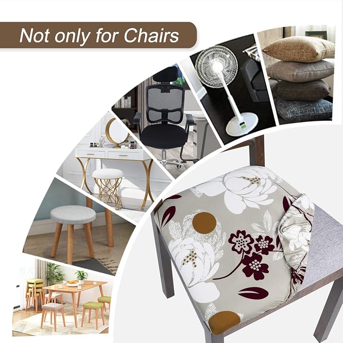 SearchI Seat Covers for Dining Room Chairs Stretch Printed Chair Seat Covers Set of 6, Removable Washable Upholstered Chair Seat Protector Cushion Slipcovers for Kitchen, Office(Flowers Pattern10)