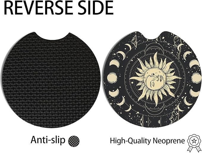 2pcs Sun Moon Stars Car Coasters,Absorbent Universal neoprener Cup Holder Coasters with a Finger Notch,Car Accessories for Women&Man Interior，2.75"