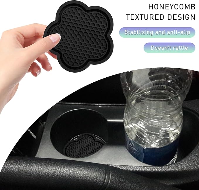 DXNQ 4 PCS Car Cup Coasters, Cute Flower Shaped Car Cup Holder Mat, PVC Waterproof Anti Slip Vehicle Cup Holder Insert Coaster, Universal Car Interior Decor Accessories (Black)