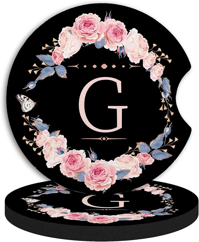 2pcs Letter G Car Coasters,Absorbent Universal neoprener Cup Holder Coasters with a Finger Notch,Car Accessories for Women&Man Interior，2.75"