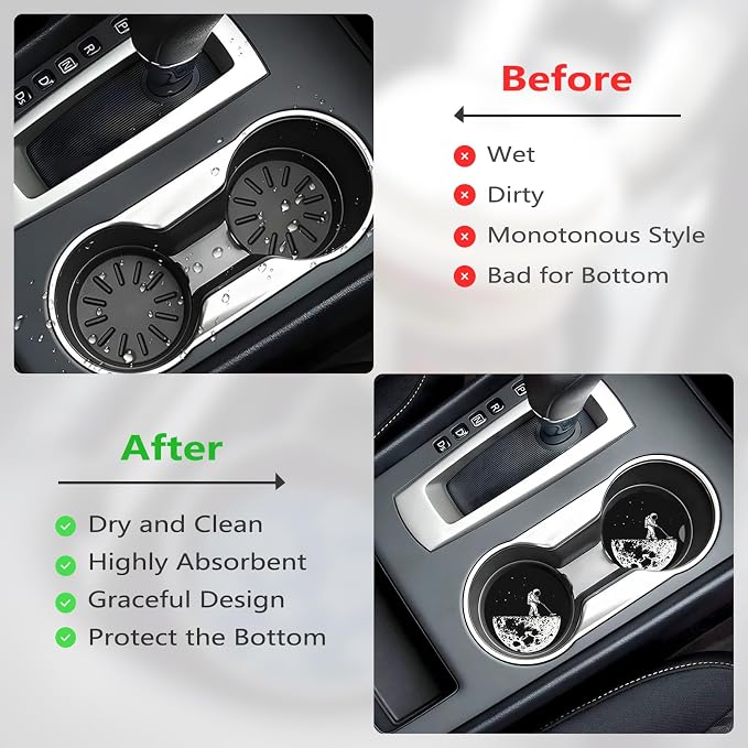 Ceramic Car Cup Coasters 2PCS - Moon Vacuum Cleaner | with Cork Back & Finger Slot, Anti-Slip Shock Absorbing, Universal Car Interior Accessories for Men Women