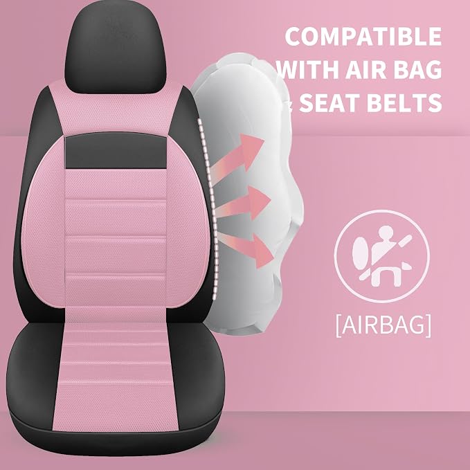 HChengkikz Car Seat Covers, Leather, 3D Foam Back Support (Black + Pink) | Air Mesh, Airbag Compatible, Universal Fit for Most Cars, Vans, Trucks, SUVs