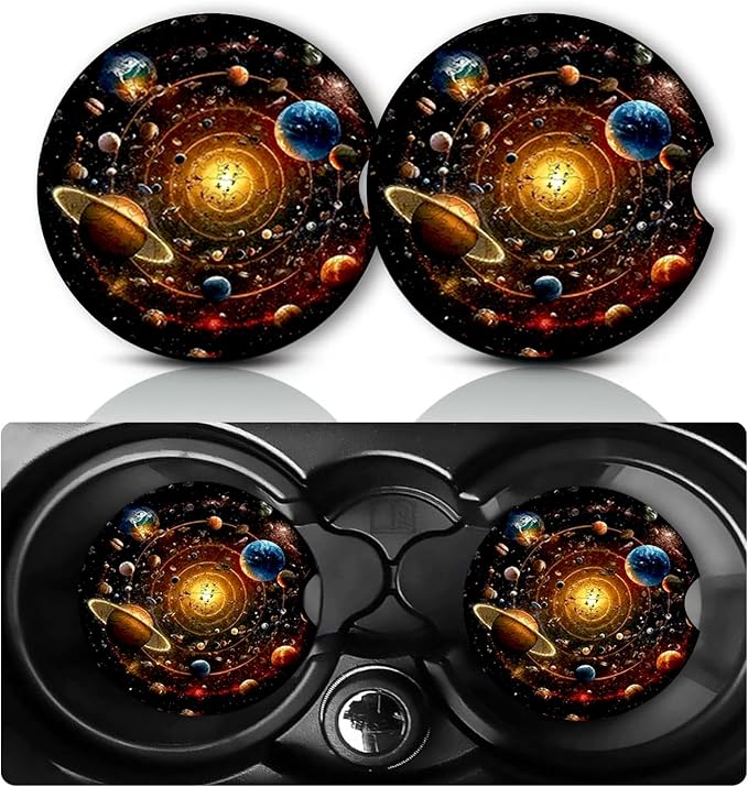 2PCS Spacetime Planet Car Cup Holder Coasters General Non-Slip Rubber Mat | Planet Auto Accessories Interior Decor, 2.75" Car Coasters for Cup Holders with Finger Slot, Planets Gifts for Women Men