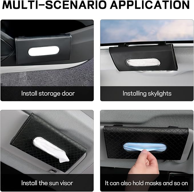 Car Tissue Holder, Leather Tissue Holder for Car Sun Visor, Rectangular Auto Sun Visor Napkin Holder Mask Dispenser, Universal Vehicle Tissue Box Sun Visor Accessory (Plaid-Beige)