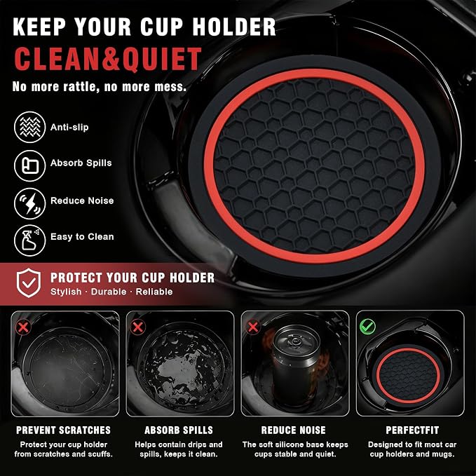 4PCS Car Cup Holder Coasters, 2.75 Inch Non-Slip Insert Water Bottle Holder Pads, Dustproof Automotive Interior Accessories Mat, Universal for Vehicles, Trucks, RVs and More (Red)