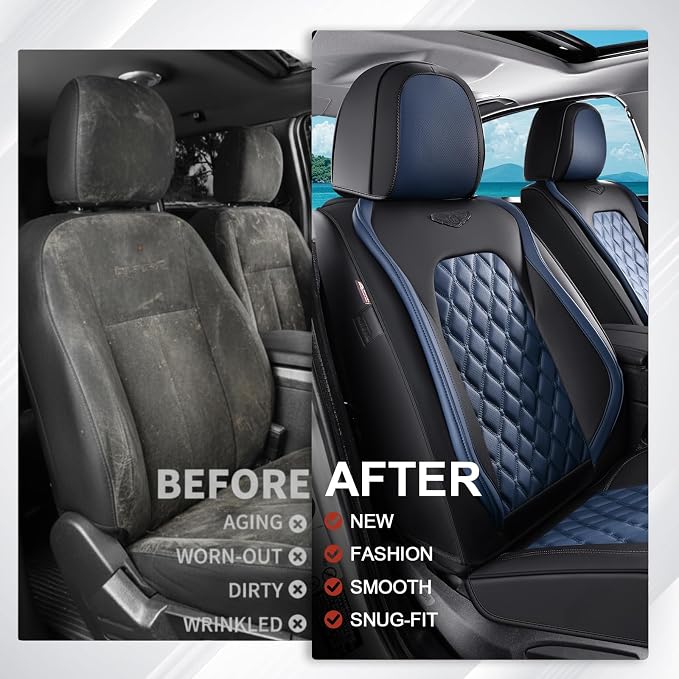 Coverado Car Seat Covers Front Seats, Sporty Non-Slip Waterproof Faux Leather Full Set with Rear Protectors for Trucks SUVs, Mens Automotive Interior – BlackBlue
