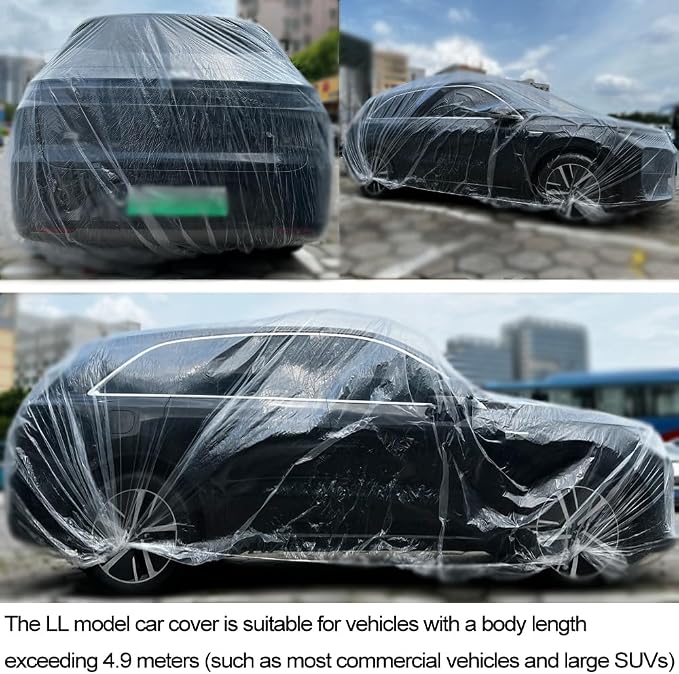 4 Packs Disposable Car Cover Clear Plastic Car Cover Universal Rain Dust Garage Cover with Elastic Band Large (15.7FT x 24.6FT)