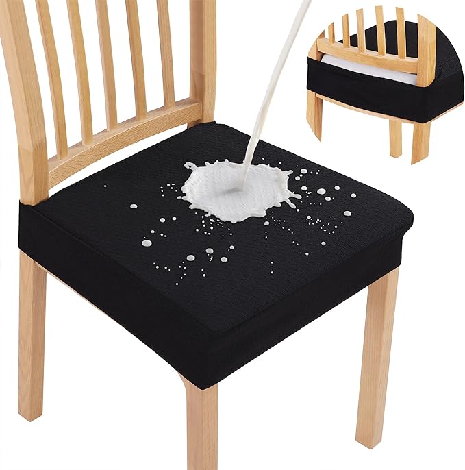 Smiry Waterproof Seat Covers for Dining Room Chairs Set of 10, Stretch Jacquard Removable Washable Chair Seat Slipcovers Protector, No Rear Covers, Black