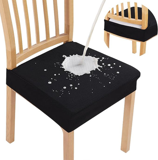 Smiry Waterproof Seat Covers for Dining Room Chairs Set of 8, Stretch Jacquard Removable Washable Chair Seat Slipcovers Protector, No Rear Covers, Black