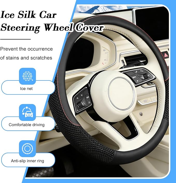 Car Steering Wheel Cover, 14.5-15" Microfiber Leather Ice Silk Breathable Non-Slip Steering Wheel Protector, Cool Auto Interior Decor Accessories, Universal for Truck SUV Van (Black)