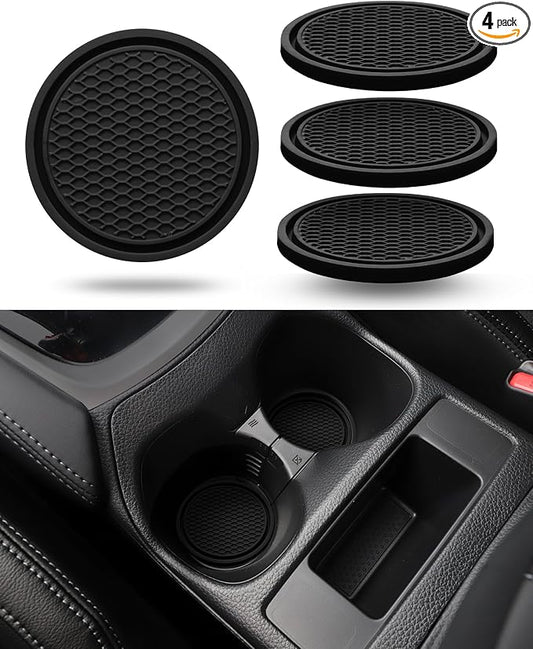 Coaster for Car Cup Holder - 4 Pack Silicone Auto Car Drink Coasters Mat Universal Non-Slip Inserts Car Interior Accessories, Black
