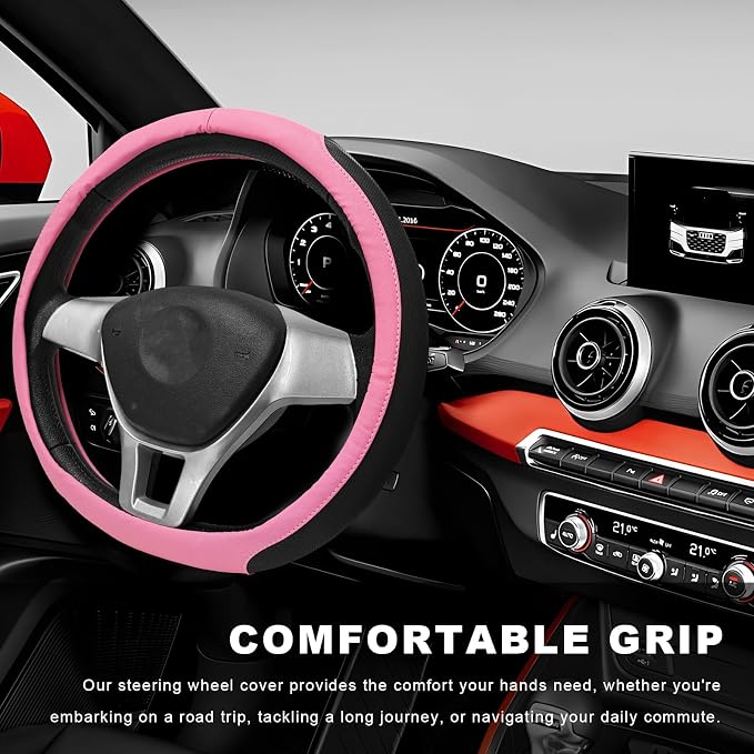 Sun Walker Steering Wheel Cover, Breathable Leather Steering Wheel Covers with Perforated Sides, Anti-Slip Comfortable Grip Auto Sleeve for 14.5-15 Inch Wheels, Car Accessories (Pink)