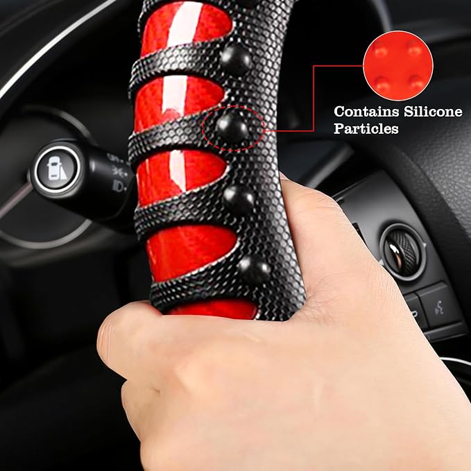 Car Leather Steering Wheel Cover - Carbon Fibre Material, Universal 14.5-15 Inch Leather Anti-Slip Breathable Auto Steering Wheel Covers for Men Women (3D Massage - Sports Red)