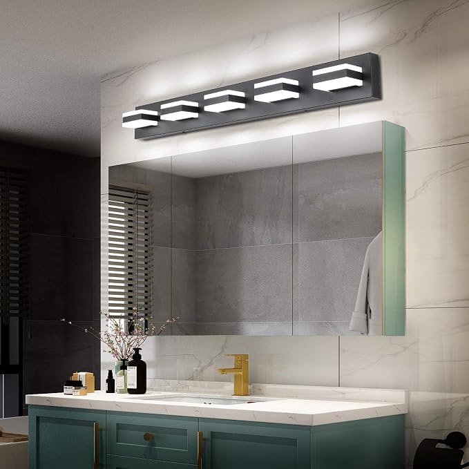 SOLFART Black Bathroom Vanity Lights Over Mirror Dimmable LED Modern Black Bathroom Lighting Bath Wall Lighting S8568 (5 Lights) ETL Listed