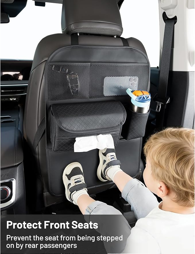 Multifunctional Car Seat Back Organizer with Large Tissue Box Holder, Large Water Bottle Storage, Phone Pouch, Kick Mat Protectors for Road Trips. (Black)
