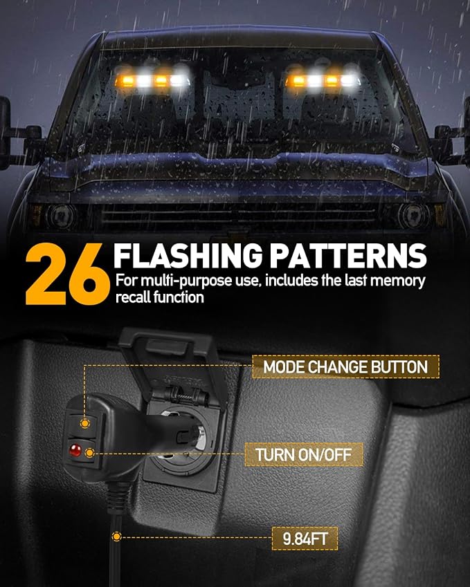 HLauto 2002L Emergency Dash Strobe Lights: Amber White Safety Lights, Flashing Warning Hazard Windshield Visor Traffic Light Bars for Trucks, Construction Vehicles (2x8.5 inch, 48LED)