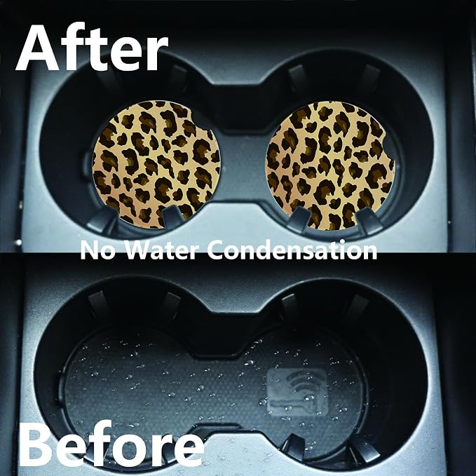 2pcs Cute Leopard Print Car Coasters,Absorbent Universal neoprener Cup Holder Coasters with a Finger Notch,Car Accessories for Women&Man Interior，2.75" 2