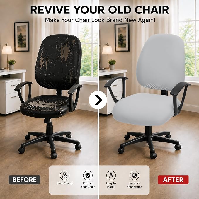 Stretchable Separate Office Chair Seat Covers - Universal Stretch Computer Chair Slipcover - Washable Rotating Backrest Coverings & Cushion Protectors for Dogs, Cats, Pets, Light Gray