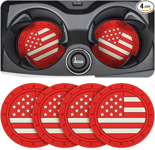 Osilly Car Cup Holder Coasters, 4 Pack American Flag Insert Coaster, 2.75 Inch PVC Anti-Slip Shockproof Embedded Drink Mat, Interior Decoration Accessories for SUV, Truck (Red)