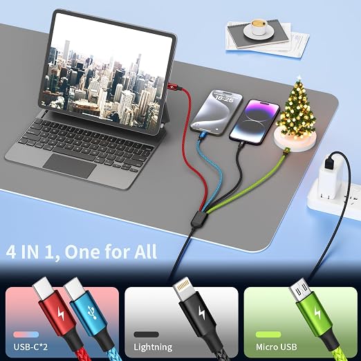4 in 1 Multi Charging Cable, 3 Pack 5FT Charging Cords for Multiple Devices | USB C Car Charger Cable, Nylon Braided Phone Charger for Multiple Devices, Cruise Essentials 2026 Travel & Car Use