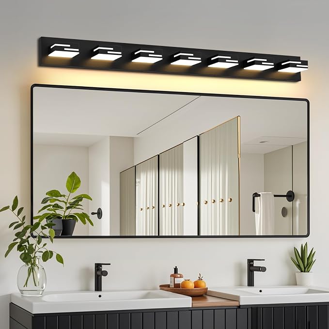LED Modern Bathroom Vanity Light Fixtures, Dimmable Matte Black Vanity Lights for Bathroom Lighting Fixtures Over Mirror, with 360° Rotatable Acrylic Heads 7-Light 48-inch 5CCT