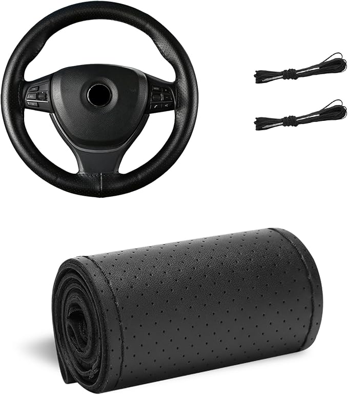 Genuine Leather Steering Wheel Cover, 15 Inch Stitch on Steering Wheel Protector with Needle & Thread, Anti-Slip DIY Sewing Wheels Wrap for Most Vehicles (Black, Full Hole)