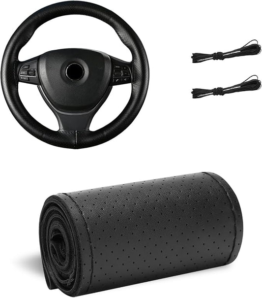 Genuine Leather Steering Wheel Cover, 15 Inch Stitch on Steering Wheel Protector with Needle & Thread, Anti-Slip DIY Sewing Wheels Wrap for Most Vehicles (Black, Full Hole)