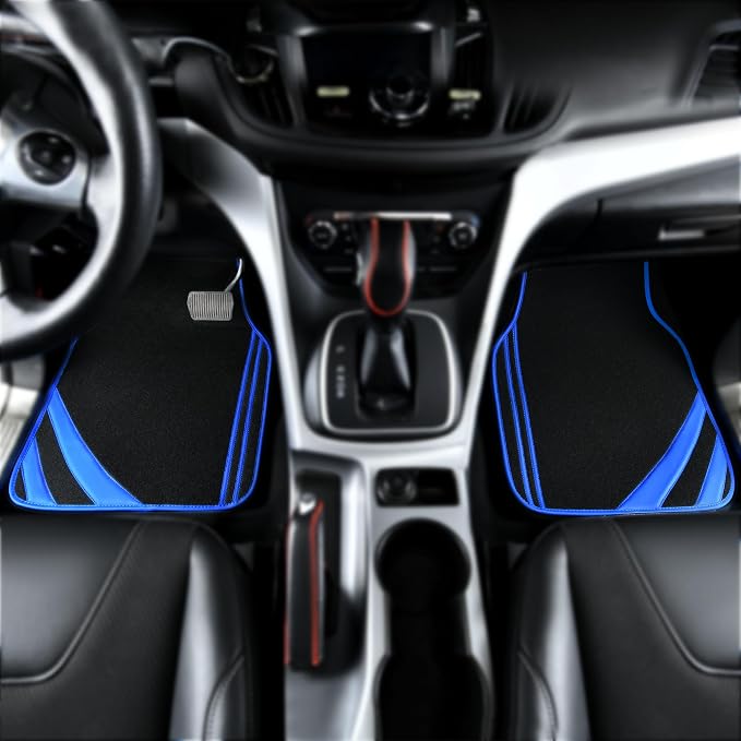 CAR PASS Faux Leather Car Mats Blue Edge Waterproof Car Floor Mats Car Carpet Mats 4 Pieces with Double Stitch Line Anti-Slip Backing Design, Universal Fit for Most Vehicles,SUVs,Sedan,Vans