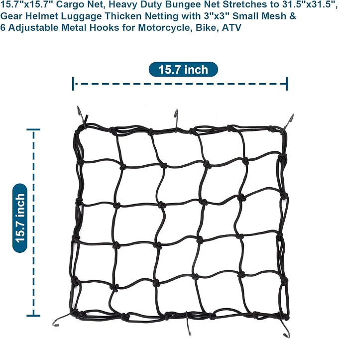 2Pack15.7 x15.7 Cargo Net, Made of Rubber Heavy Duty Bungee Net Stretches to 31.5"x31.5", Gear Helmet Luggage Thicken Netting with 3"x3" Small Mesh &6Adjustable Metal Hooks for Motorcycle, Bike, ATV