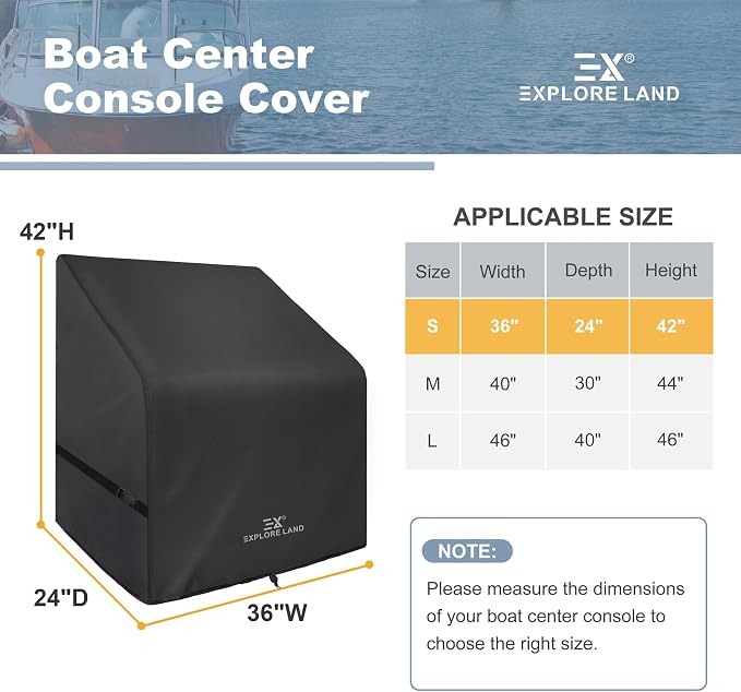 Explore Land Waterproof Boat Center Console Cover Fade Resistant 600D Marine Grade Fabirc Size up to 36" W x 24" D x 42" H, Black