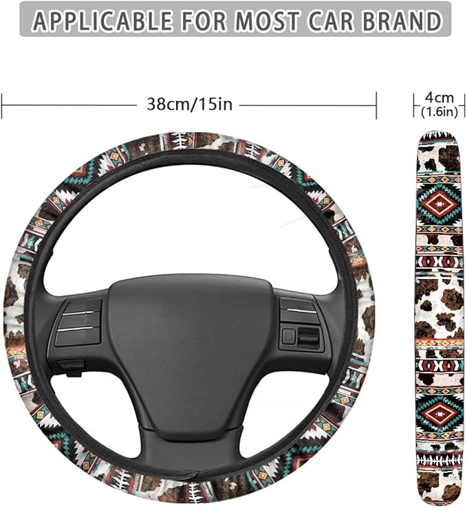 Wanyint Car Steering Wheel Cover 15 Inch Universal Breathable Soft Anti-Slip Auto Accessories Steering Wheel Protector Fit for Most Vehicles, Aztec Geometric Cow Print