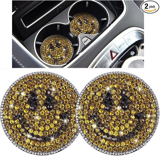 Bling Car Cup Holder Coaster, 2PCS 2.75 Inch Crystal Rhinestone Anti Slip Vehicle Drink Cup Mat for Women Girls, Auto Interior Embedded in Ornaments. Universal for SUV RV Truck (Smile)