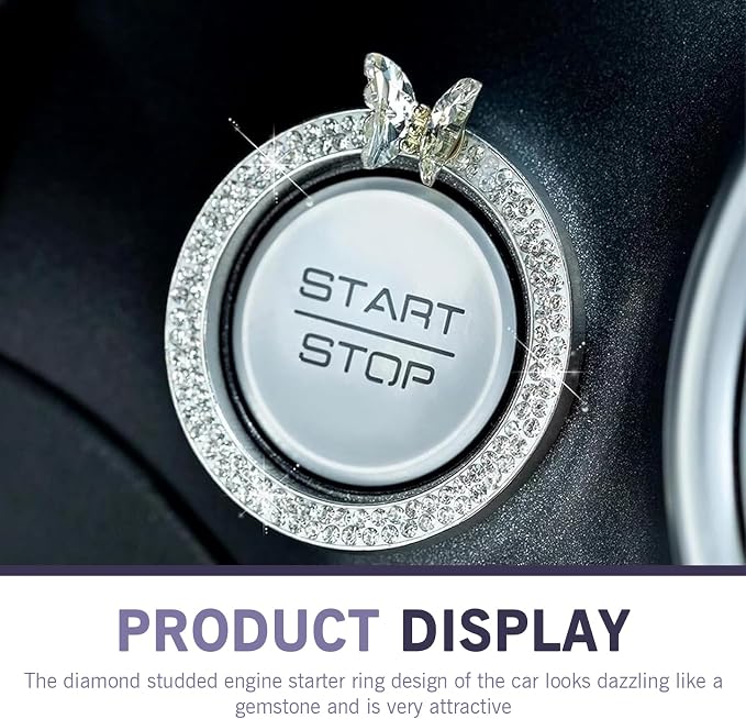 Bling Car Engine Start Stop Decoration Ring, Crystal Rhinestone Butterfly for Car Button Ring, Auto Interior Accessories for Women, Push to Start Button Cover Decoration (White)