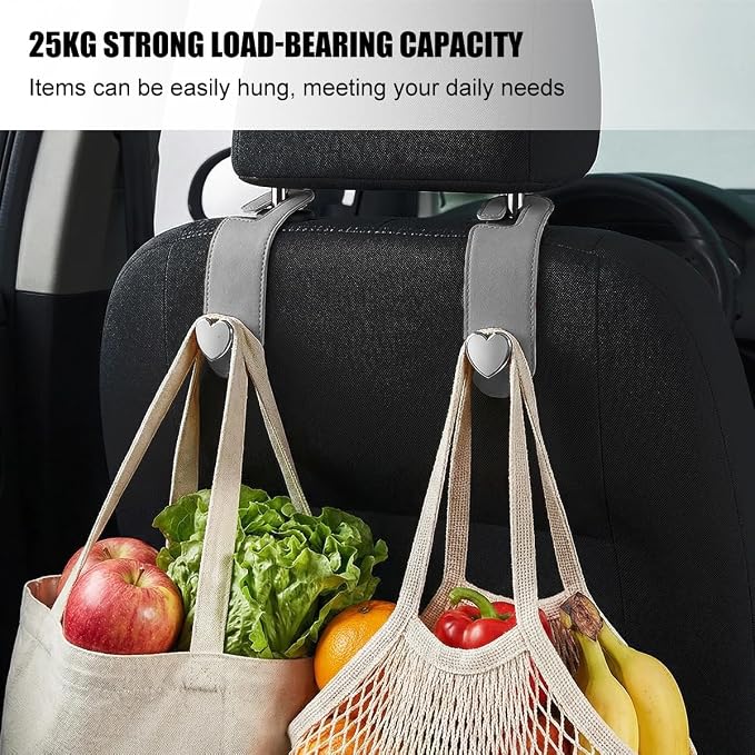 2PCS Car Seat Headrest Hook, Cute Heart Vehicle Backseat Purse Bag Hanger Organizer, Auto Seat Back Storage Holder for Groceries Coats Umbrellas, Universal for Vehicles (Gray)